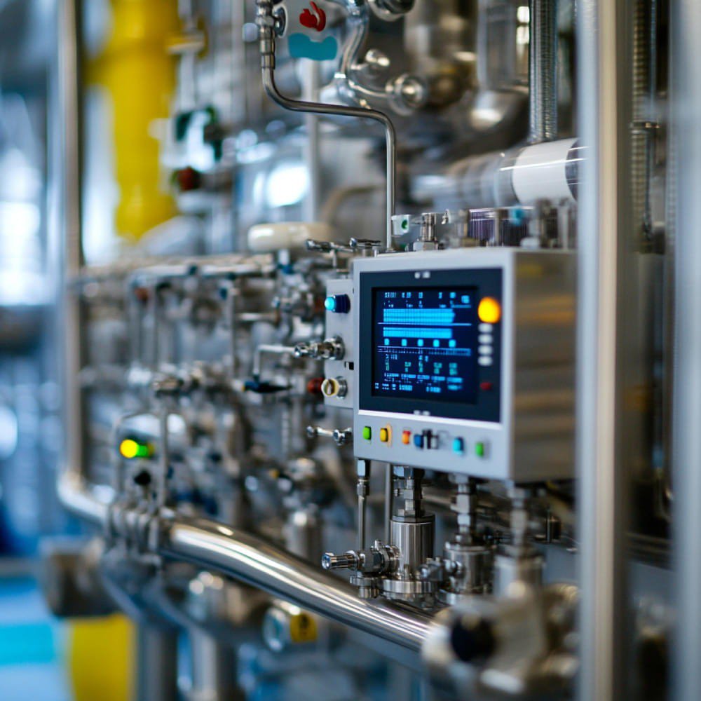 Dettaglio di un display di controllo su un impianto industriale con tubazioni in acciaio