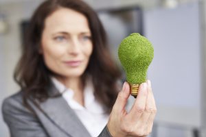 Nella foto, una rappresentazione del concetto di amministrazione green nel campo delle energie rinnovabili. Una donna che stringe una lampadina composta da fili d'erba.