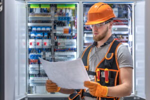 Nella foto, un ingegnere elettrico al lavoro.